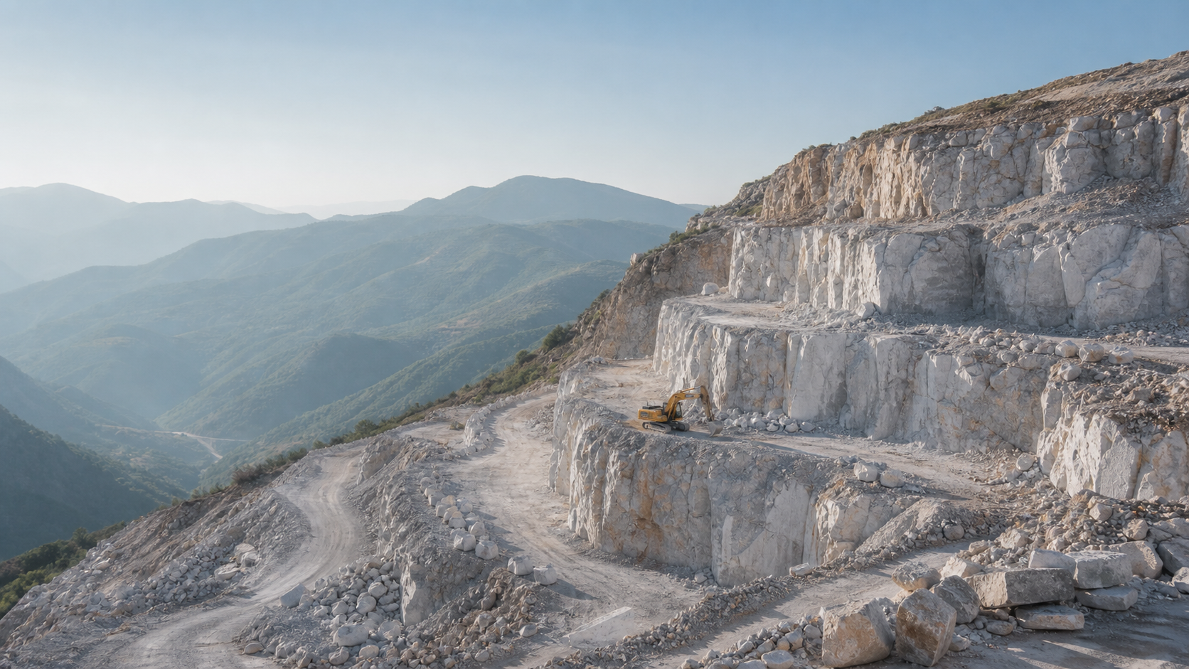 Illustrative open-pit calcite quarry with pale mineral rock