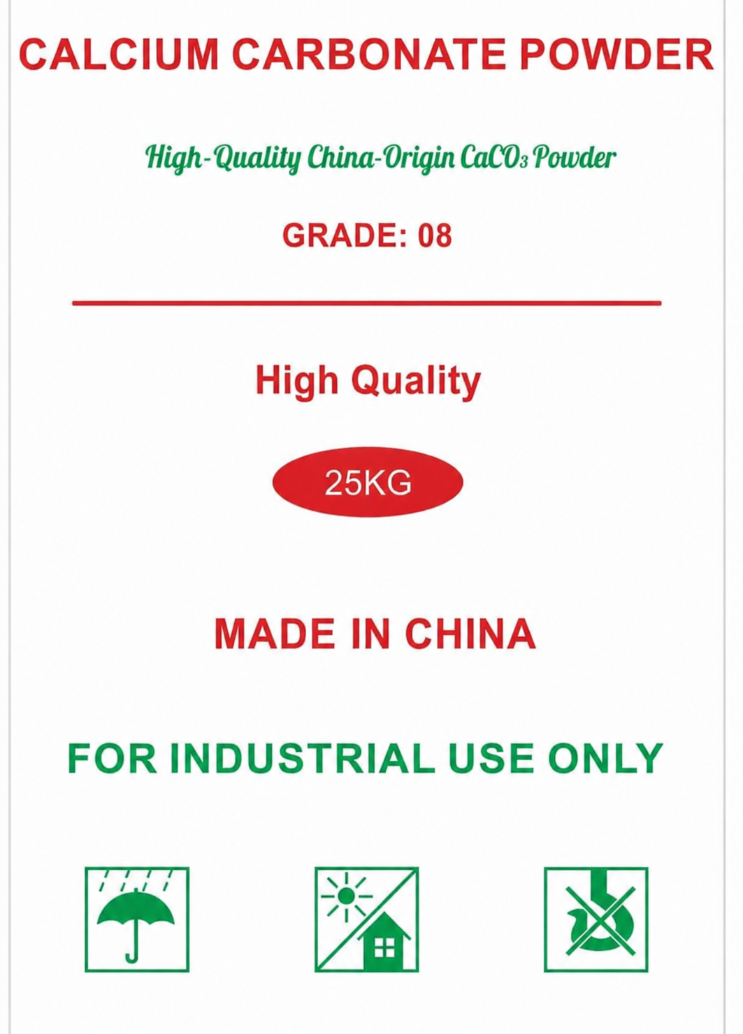 Calcium carbonate packaging labelled Made in China