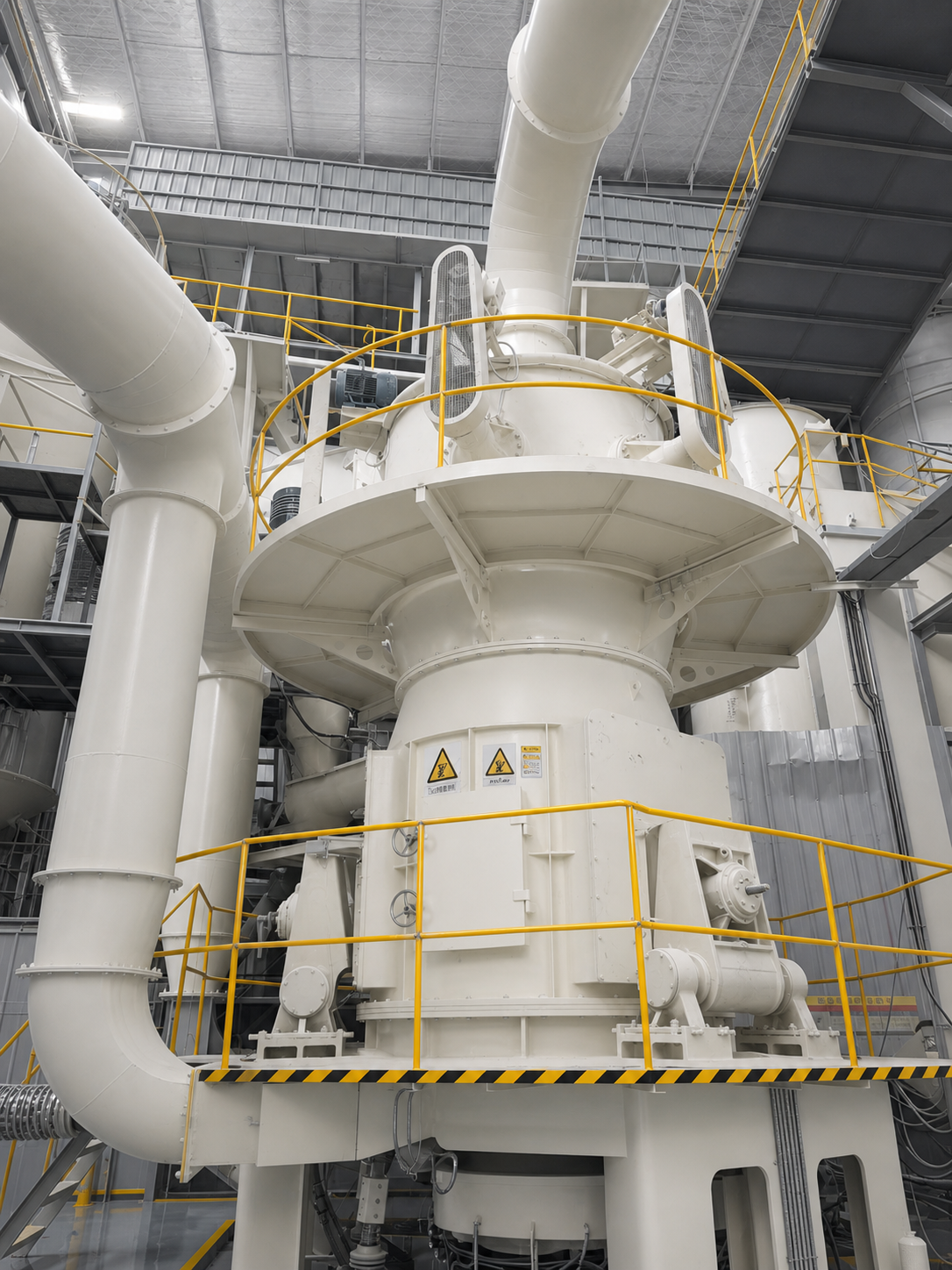 Clean vertical mill production equipment with safety railings